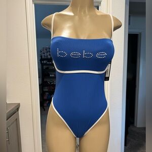 Bebe Ribbed Blue Swimsuit with White Accents
